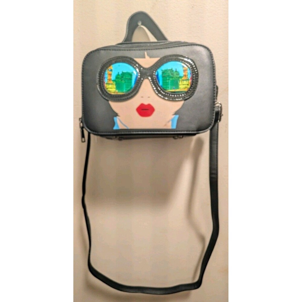 Women’s Black Rectangle Crossbody Bag, Zip, Detach Strap, Silver, Face Graphic